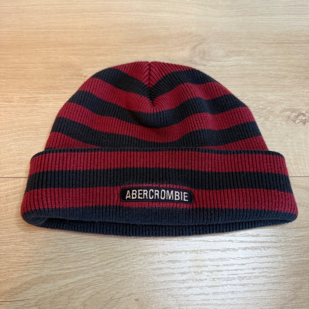 Abercrombie & Fitch Striped Beanie Hat Burgundy Navy Blue Cotton Ribbed Knit